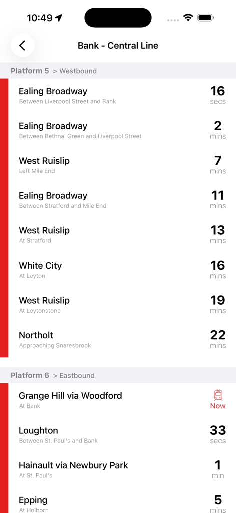 Live departure times for the London Underground Central Line at Bank station