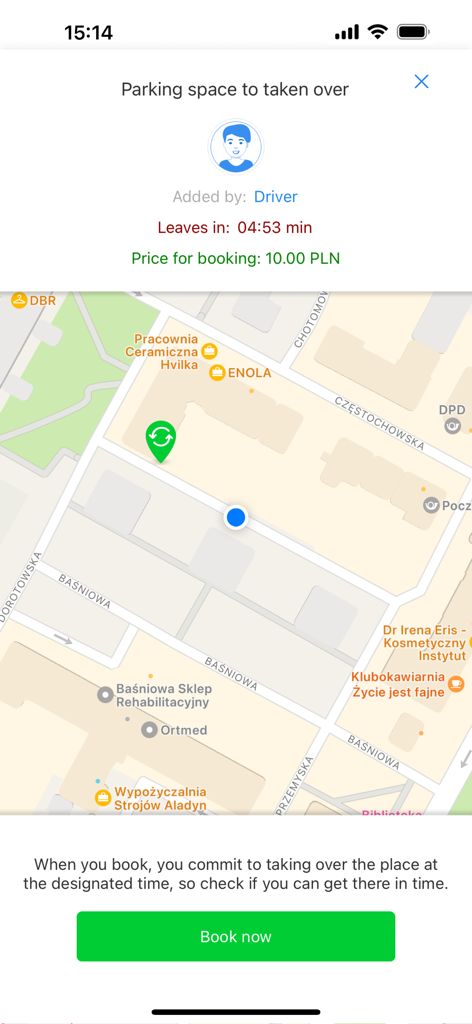 TiPark - TiParkアプリのインターフェース。地図と、空き予定の駐車スペースを予約するためのカウントダウンを表示。