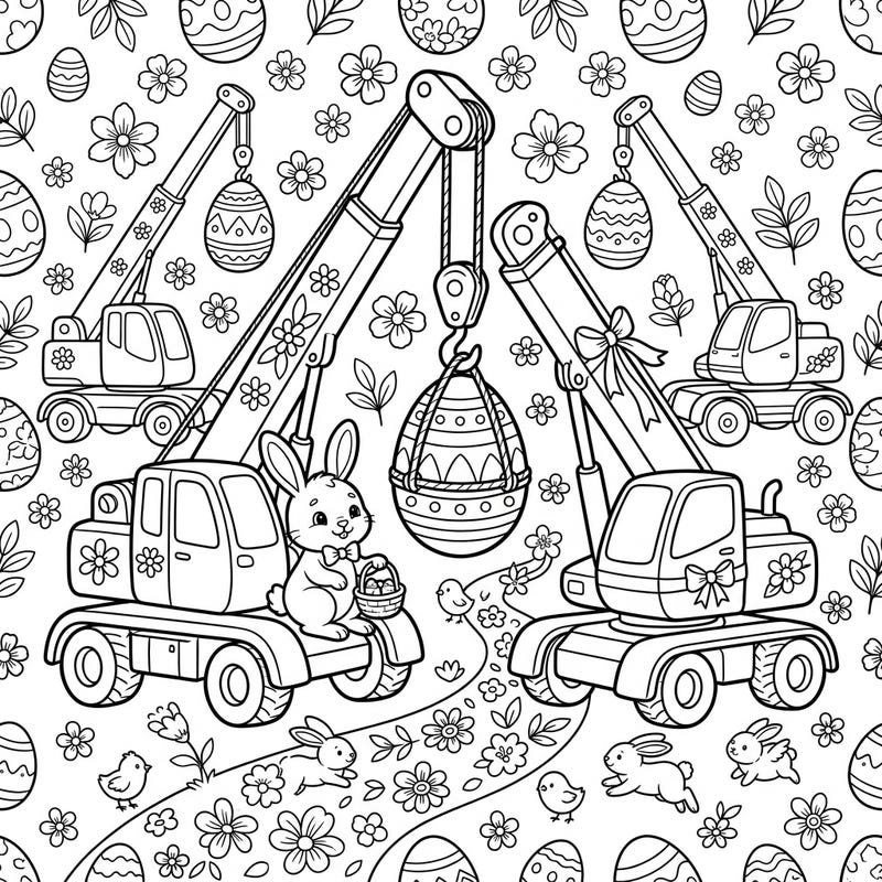 Get ready for a one-of-a-kind Easter celebration with this charming coloring page! Mobile cranes, adorable bunnies, and beautifully decorated eggs bring an unexpected twist to your holiday coloring fun.