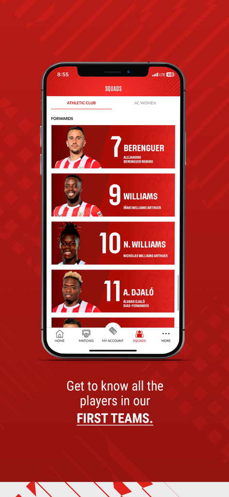 Screenshot of the Athletic Club official app showing the squads section with player profiles for the first team forwards