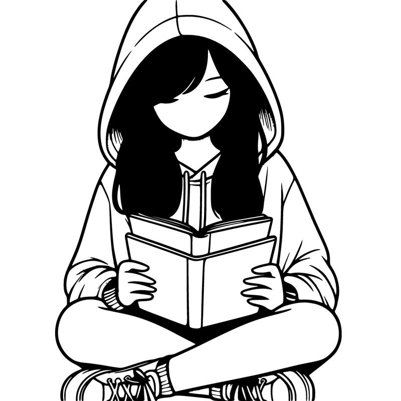 girl sitting down with a hoodie over her head reading a book realistic