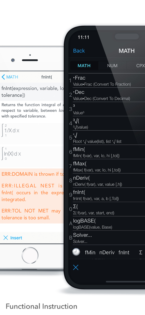 Graphing Calculator X84 interface showing functional instructions and advanced math menu for STEM students
