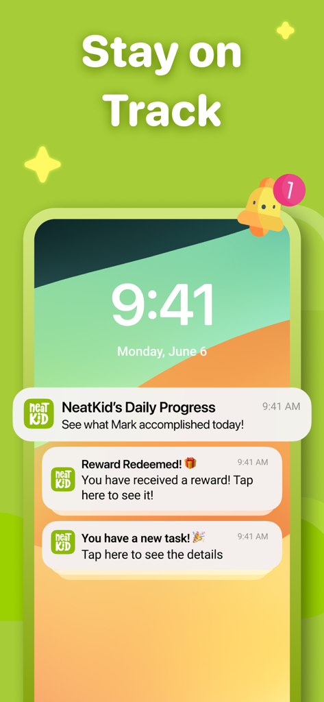 Neat Kid: Daily Kids Chore App - iPhone lock screen showing Neat Kid app notifications for chore progress and rewards