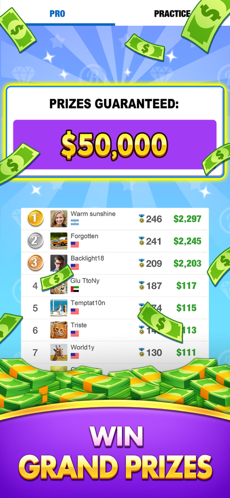 Bingo Win Cash app screenshot showing a 50000 dollars guaranteed prize banner and a leaderboard of top players with real money winnings.