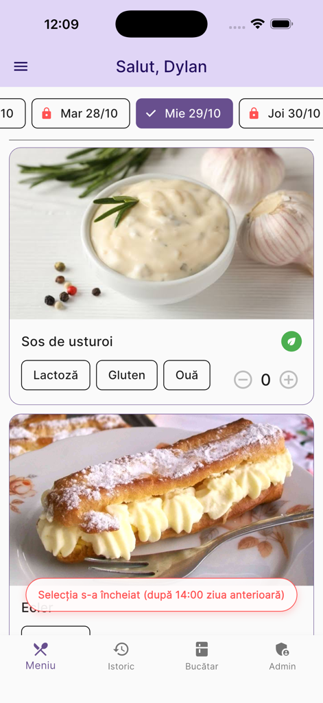Popota - Popota app menu interface showing food items like garlic sauce and eclair.