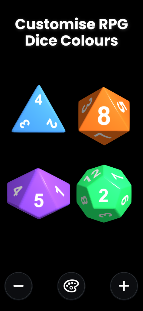 Dice Pro+ - Cuatro dados poliédricos coloridos que muestran opciones de personalización para juegos de rol.