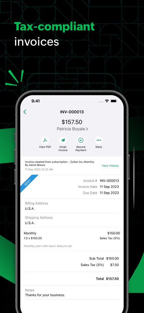 A smartphone screen displaying a tax compliant invoice with billing details and payment options in the Zoho Billing app