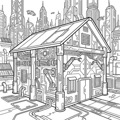 Merge rustic charm with high-tech urban dystopia in this unique Cyberpunk Pole Barn coloring page. Explore intricate circuit board details, robotic components, and a towering futuristic city backdrop awaiting your imaginative colors.