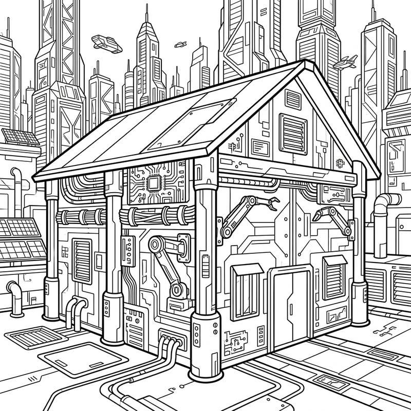Merge rustic charm with high-tech urban dystopia in this unique Cyberpunk Pole Barn coloring page. Explore intricate circuit board details, robotic components, and a towering futuristic city backdrop awaiting your imaginative colors.