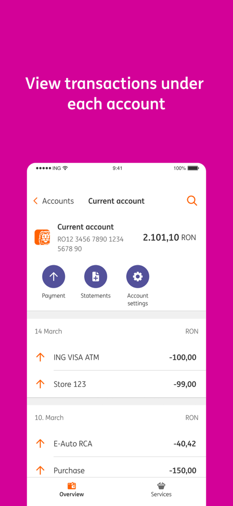 La aplicación ING Business Pro mostrando el saldo actual de la cuenta y la lista del historial de transacciones