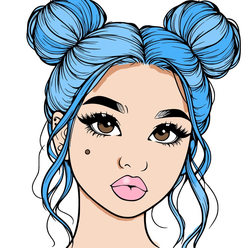 realistic girl with two buns on her hair and lips