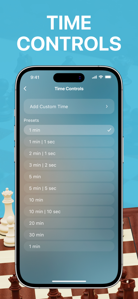 Chess Timer - Clock for Chess - Interface do aplicativo Cronômetro de Xadrez mostrando predefinições de controle de tempo e configurações personalizadas