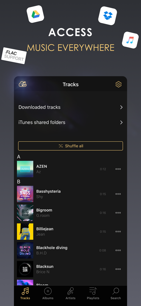 Equalizer Plus HD music player track list with cloud storage and flac support icons