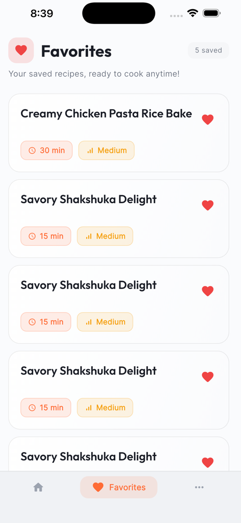 Tango Epicurean Alchemy - A mobile app interface displaying a list of saved favorite recipes with cooking details.