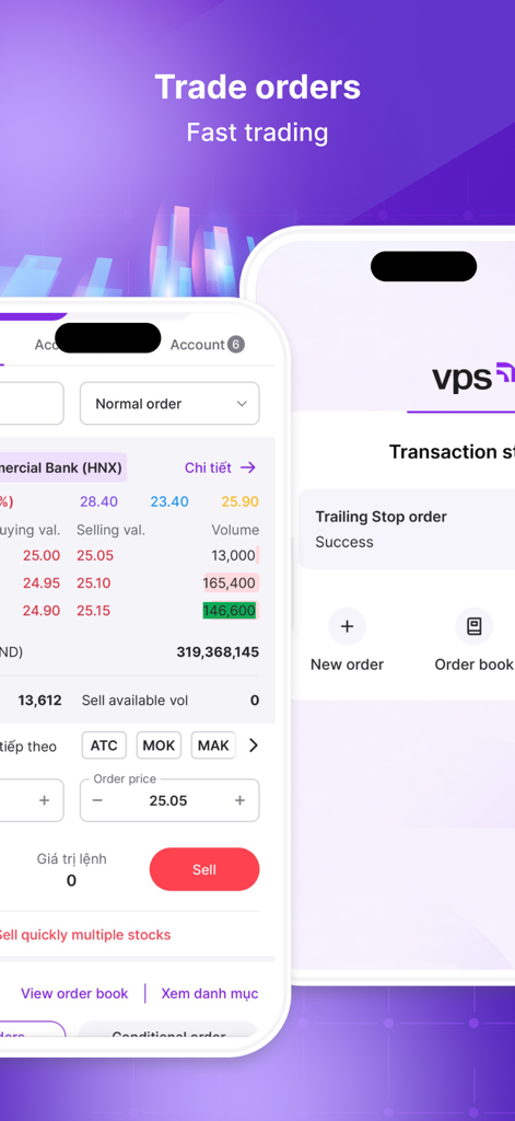 VPS SmartOne - VPS SmartOne mobile app screen displaying trade orders and stock market data for fast trading.