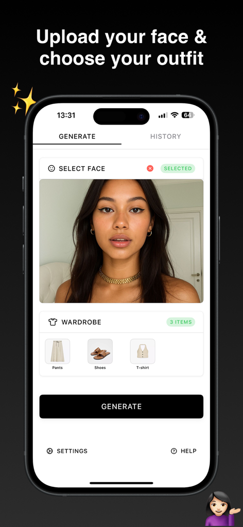 TryMe AI - Outfit Preview - TryMe AI mobile app interface showing a user photo and wardrobe selection for a virtual outfit preview