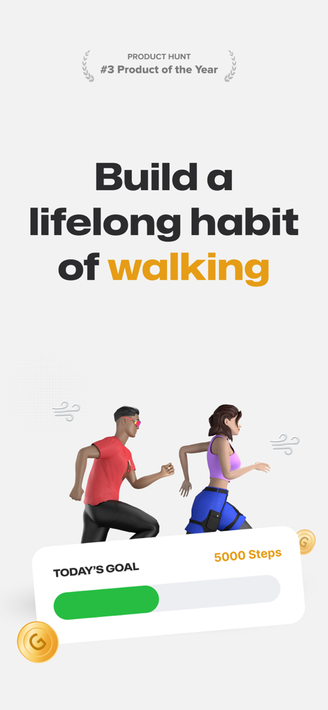 Fitmint: Walk & Steps tracker - Fitmint app screen showing two people walking with a progress bar for a 5000 steps daily goal and golden coins.