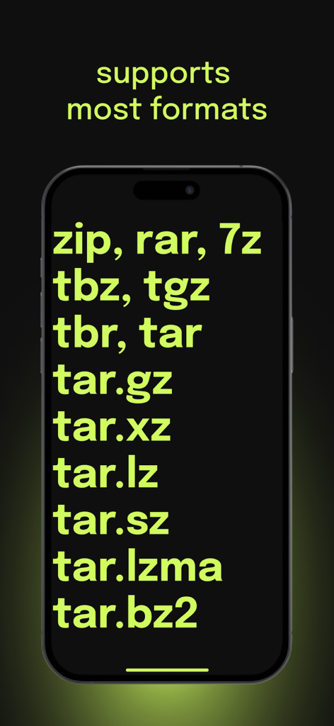 ZIP Extractor - UnZIP, UnRar - Uma lista de formatos de arquivo suportados para o Extrator de ZIP, incluindo zip, rar e 7z em uma tela de smartphone