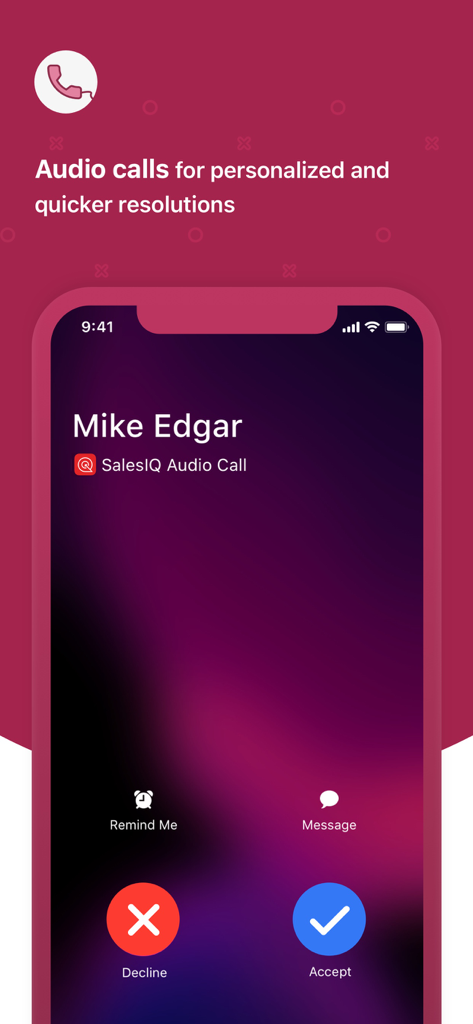 Zoho SalesIQ - Live Chat App - Pantalla de llamada de audio entrante en la aplicación móvil Zoho SalesIQ para soporte al cliente personalizado
