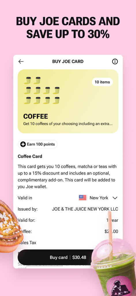 A mobile app screen for JOE AND THE JUICE showing a coffee card purchase option for 10 coffees with a 30 percent saving offer.
