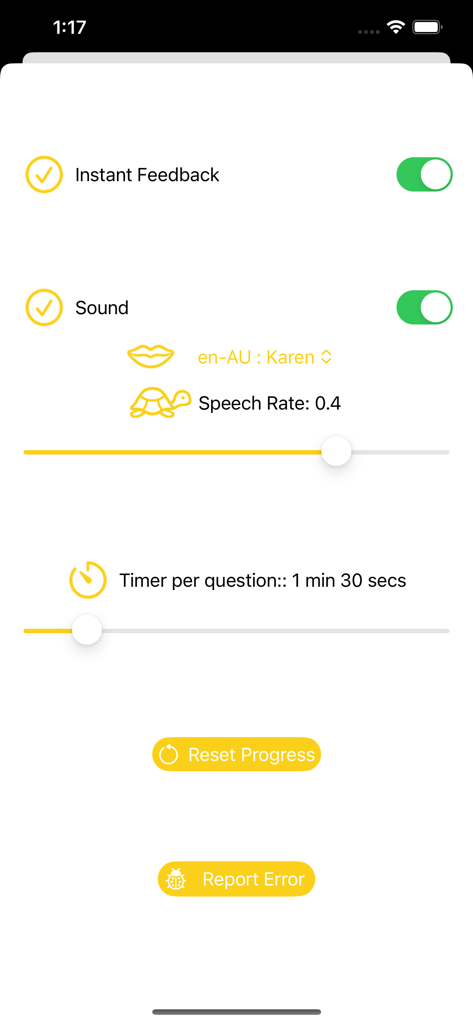 App settings menu showing toggle switches for feedback and sound plus sliders for speech rate and test question timer