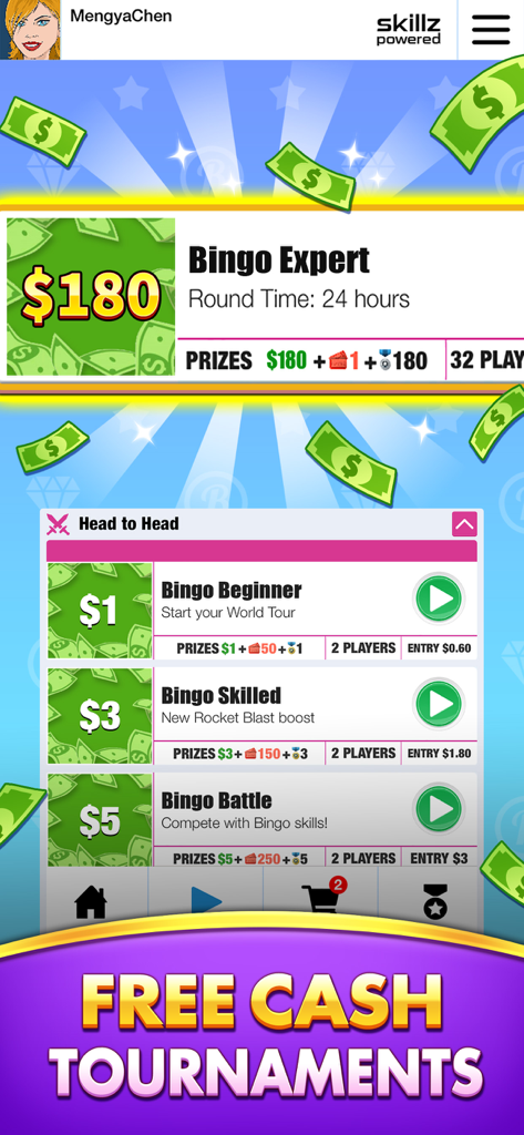 Bingo Win Cash app screen showing head-to-head tournaments with real money prizes