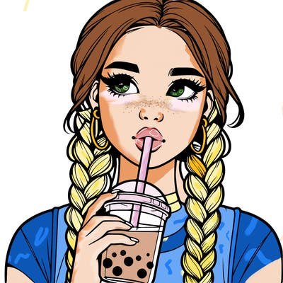 realistic girl with braided hair drinking boba
