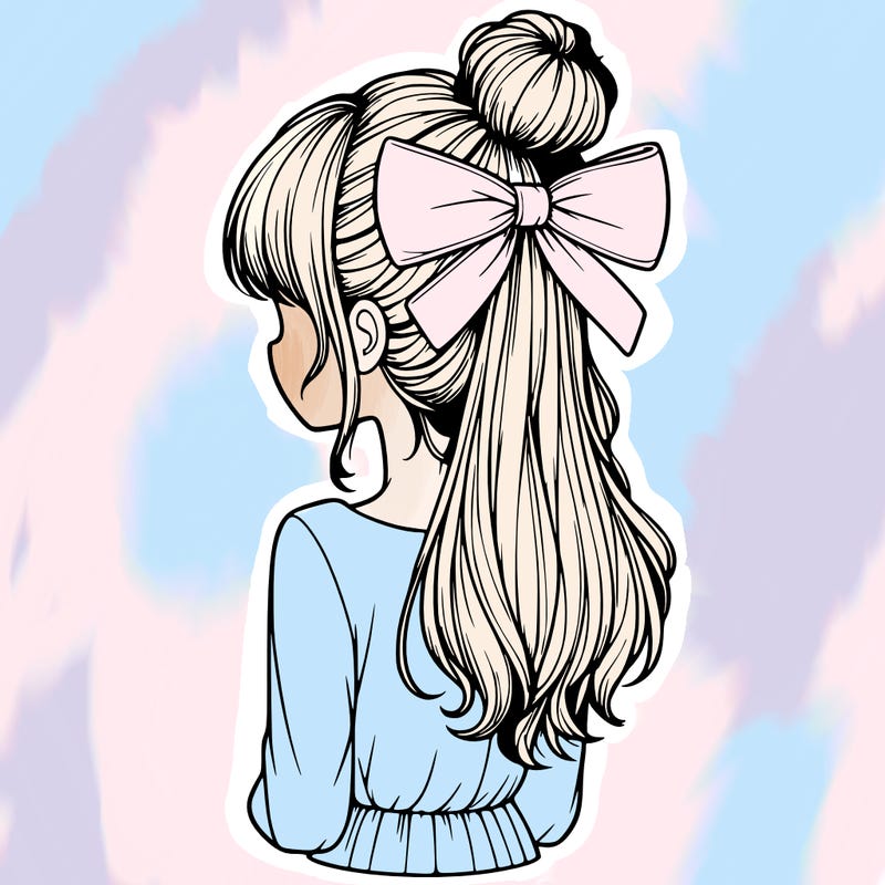realistic girl  with hip length hair a bun and a big bow on the back of head