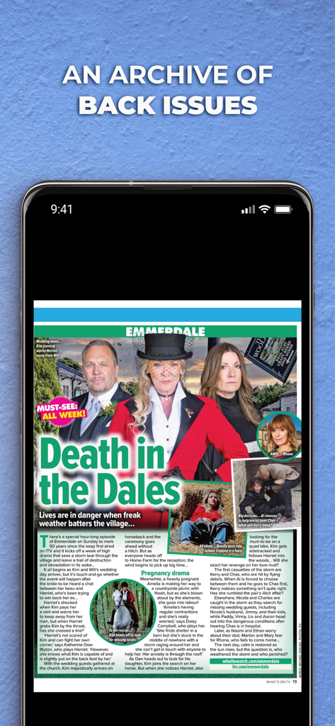 What's on TV Magazine - A smartphone displaying a digital page from the What is on TV magazine archive featuring an Emmerdale soap opera article