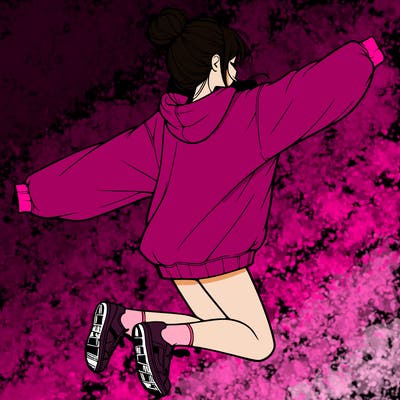 realistic girl jumping with a bun and oversized sweatshirt