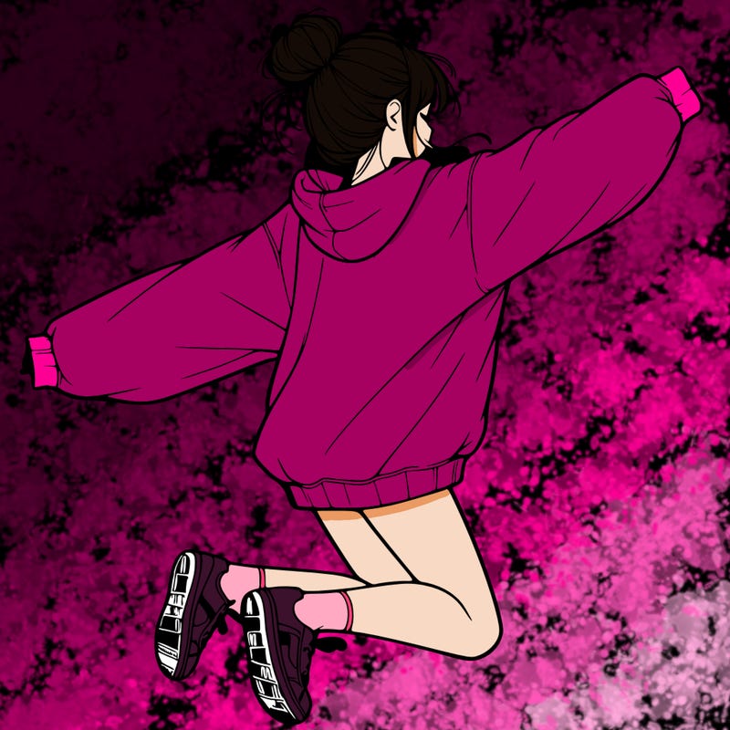 realistic girl jumping with a bun and oversized sweatshirt