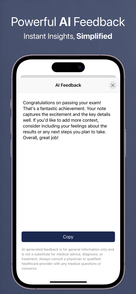 A mobile screenshot showing the AI feedback feature in Feeltracker providing personalized insights on a journal entry.
