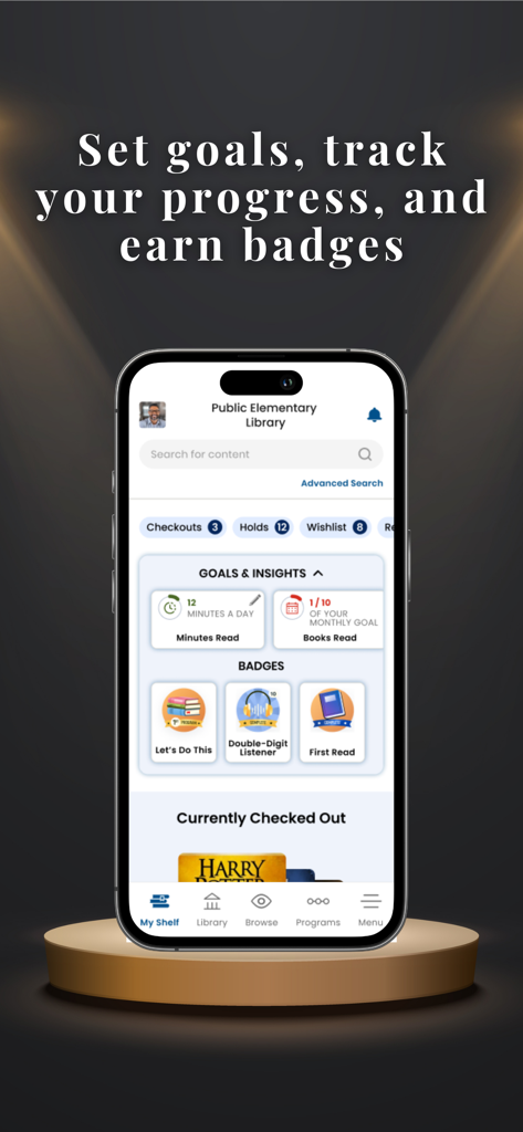Boundless mobile app displaying reading goals and digital badges