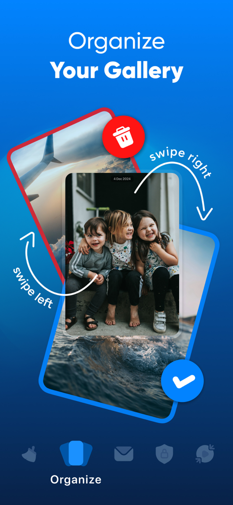 iCleaner・Clean up storage - iCleaner app interface showing swipe left to delete and swipe right to keep photos for gallery organization