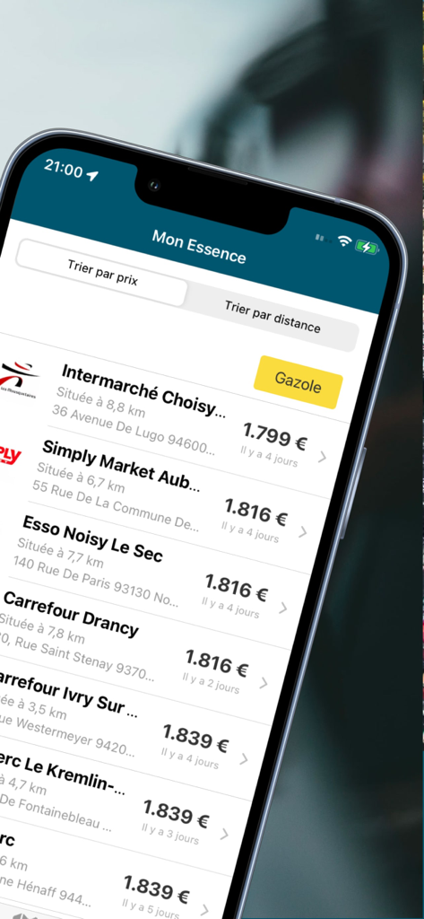 Mon Essence - Prix carburants - Interface da aplicação Mon Essence mostrando uma lista de postos de gasolina próximos ordenados por preço para combustível diesel.