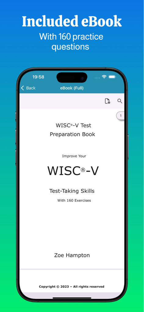 WISC V Test Preparation Pro app screen showing the included ebook with 160 practice questions