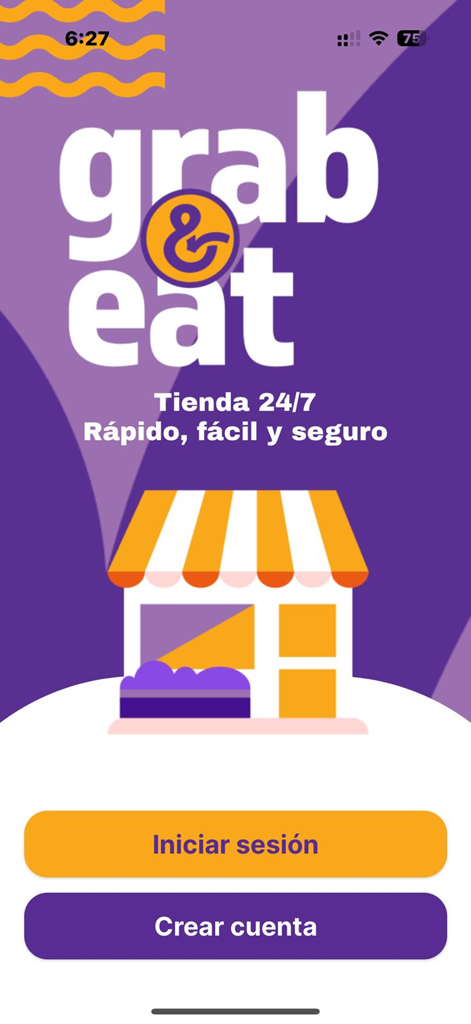 Grab & Eat - Grab and Eat app welcome screen for autonomous 24/7 shopping with login and signup buttons