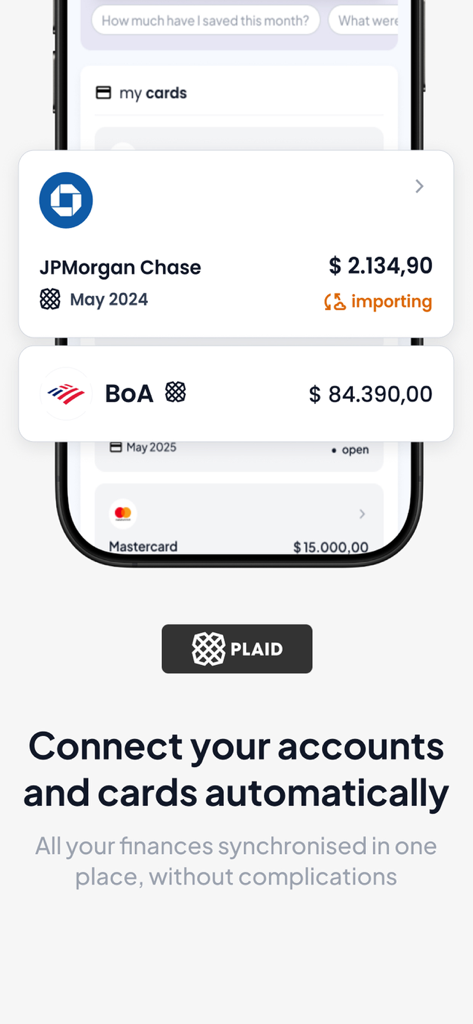 Despezzas: controle financeiro - Interface mostrando a sincronização automática das contas Chase e Bank of America através da integração Plaid.