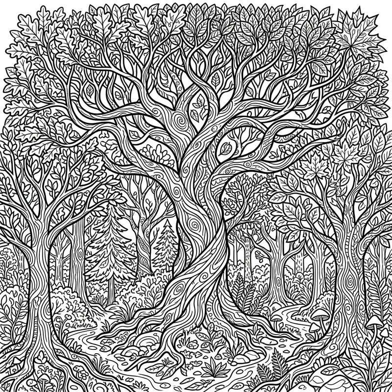 Explore the mesmerizing beauty of a dense forest with this intricate tree and branch patterns coloring page. Delve into a world of swirling bark, leafy canopies, and hidden forest details, ready for your creative touch.