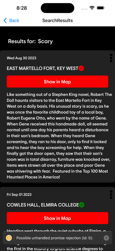 Paranormal Hunter - A search results screen in the Paranormal Hunter app showing stories and locations of haunted places like East Martello Fort.