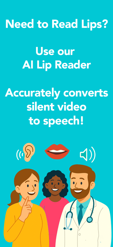 AI Lip Reader app promotional screen showing a doctor and diverse individuals with text explaining the conversion of silent video to speech