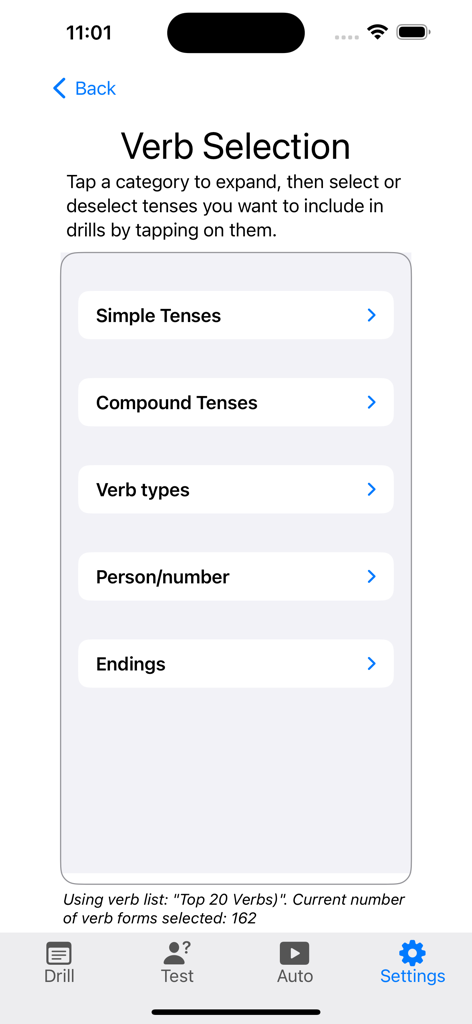 Verbes - French Verb Trainer - Écran de sélection des verbes français avec des catégories pour les temps et les types de verbes dans l'application Verbes.