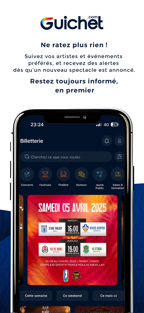 Guichet - Guichet mobile app interface showing categories for concerts festivals and sports tickets in Morocco