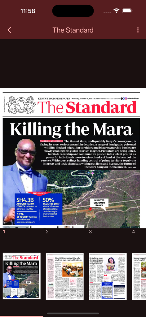 The Standard Digital e-Paper - The Standard Digital e-Paperアプリのフロントページ。ケニアのマサイマラに関する見出しと、複数の新聞ページのサムネイルが表示されています。