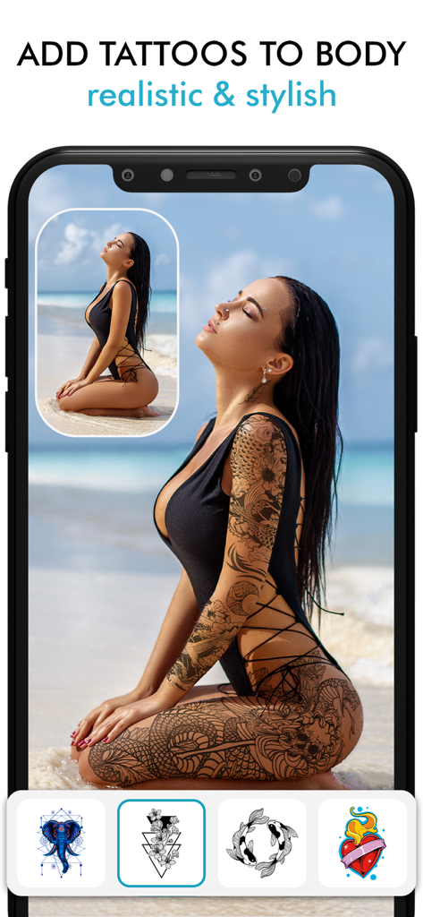 Une capture d'écran de smartphone démontrant la fonction d'ajout réaliste de tatouages sur une femme à la plage