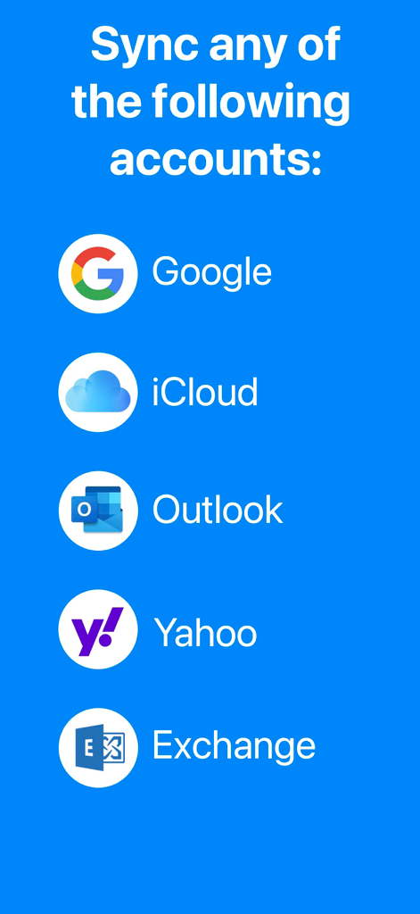 Visual list of supported sync accounts including Google iCloud Outlook Yahoo and Exchange