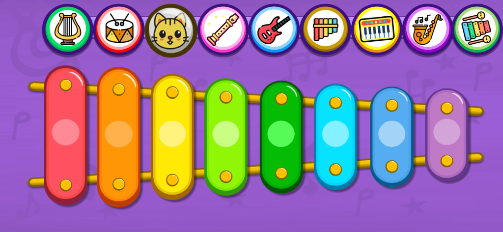 Piano Kids - Music & Songs NEW - Colorful digital xylophone and instrument icons in a music app for toddlers