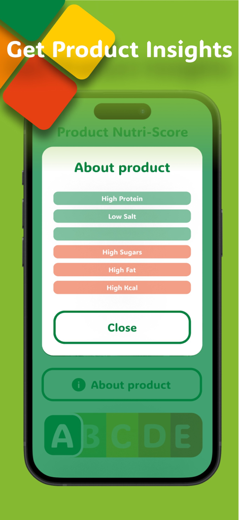 Pantalla de la aplicación que muestra la Puntuación Nutri A y detalles nutricionales del producto como niveles de proteína y azúcar.