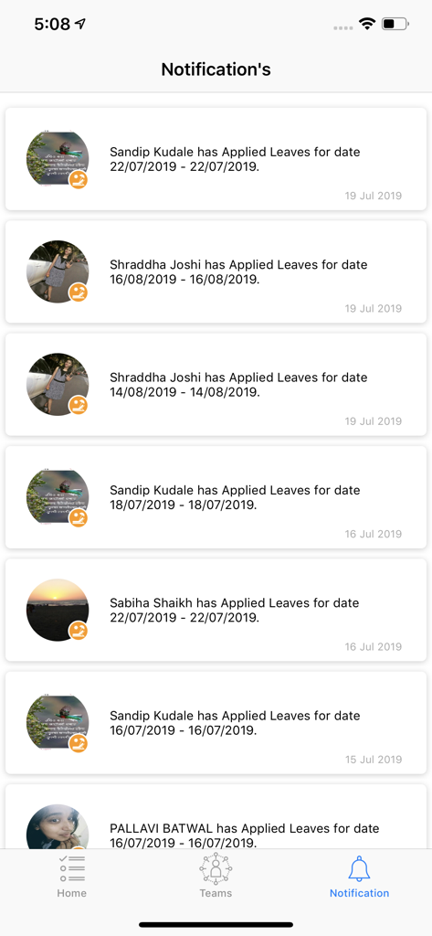 Pantalla de notificaciones en la aplicación Wifi Manager que muestra múltiples solicitudes de ausencia de empleados