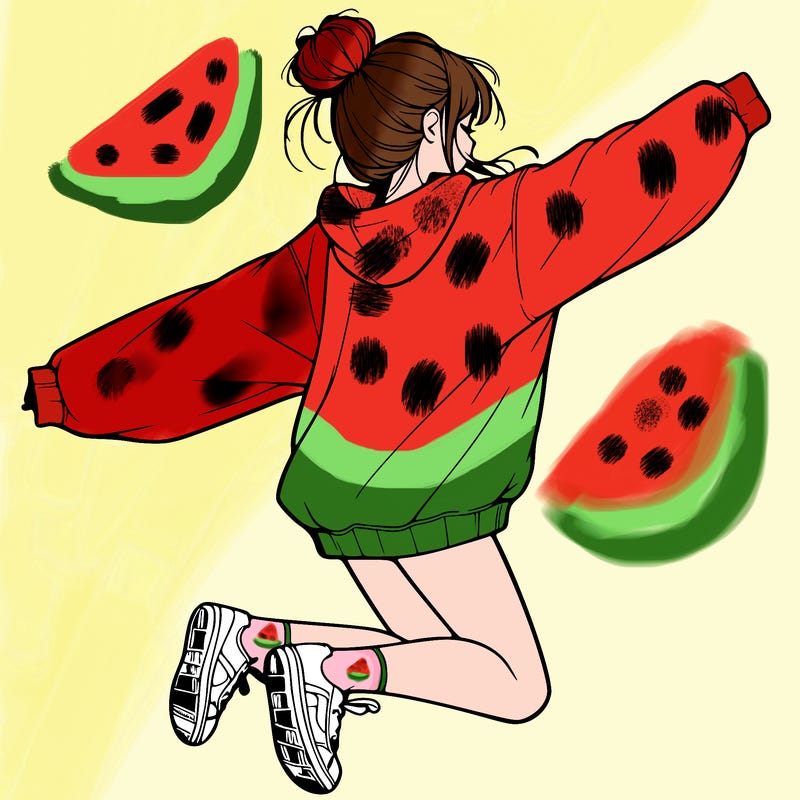 realistic girl jumping with a bun and oversized sweatshirt